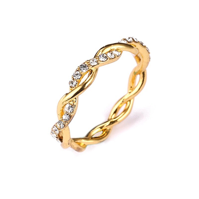 Womens Exquisite Thin Twisted Rhinestone Ring Gold Gift Ring Diamond CZ Elegant Single Ribbon Ring