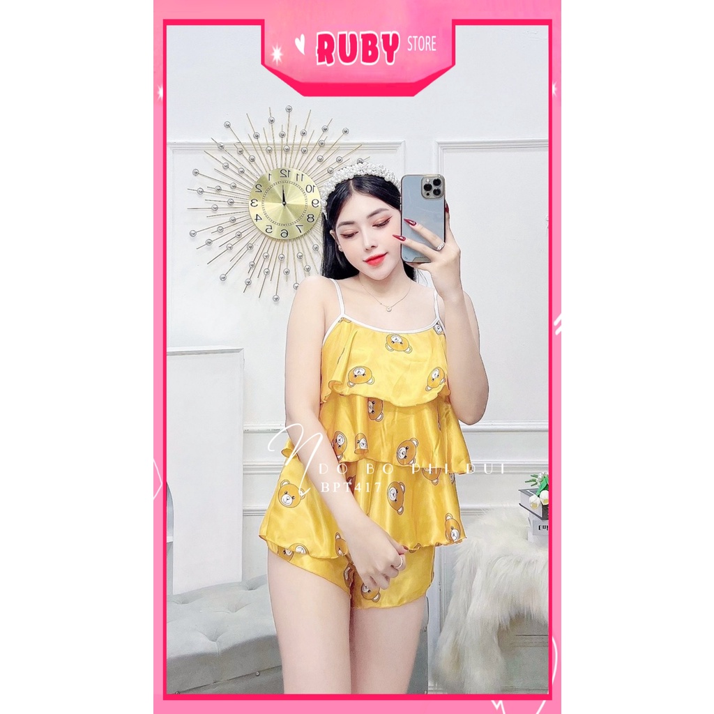 Đồ bộ ngủ sexy cho nữ mặc nhà chất phi bóng mềm mát in hình gấu hoạt hình dễ thương BPT417