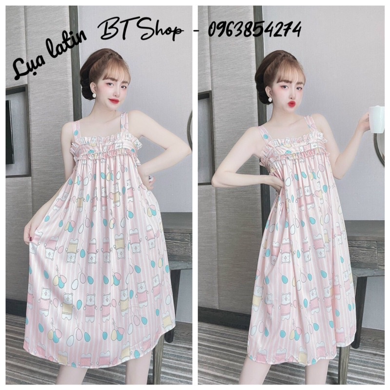 Váy đầm ngủ mặc nhà lụa latin hoạ tiết 2 dây fresize 42-57kg