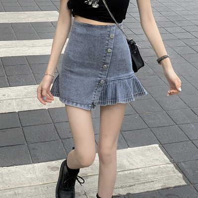 chân váy jean Chữ A Lưng Cao Phối Nút Lệch Kiểu Hàn Quốc Xinh Xắn Cho Nữ | BigBuy360 - bigbuy360.vn
