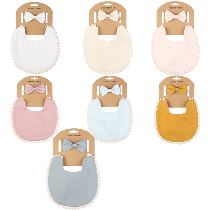 Bộ 2 Yếm Ăn Cotton Màu Trơn Đính Nơ Tam Giác Xinh Xắn