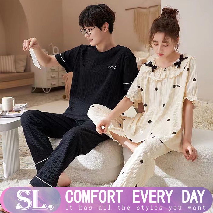 Bộ Đồ Ngủ Tay Ngắn Chất Liệu Cotton Phong Cách Hàn Quốc Thời Trang Mùa Hè Cho Cặp Đôi