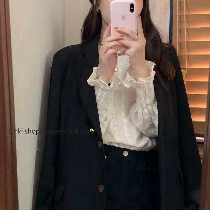 Áo sơ mi dài tay phối ren phong cách Hàn Quốc cho nữ