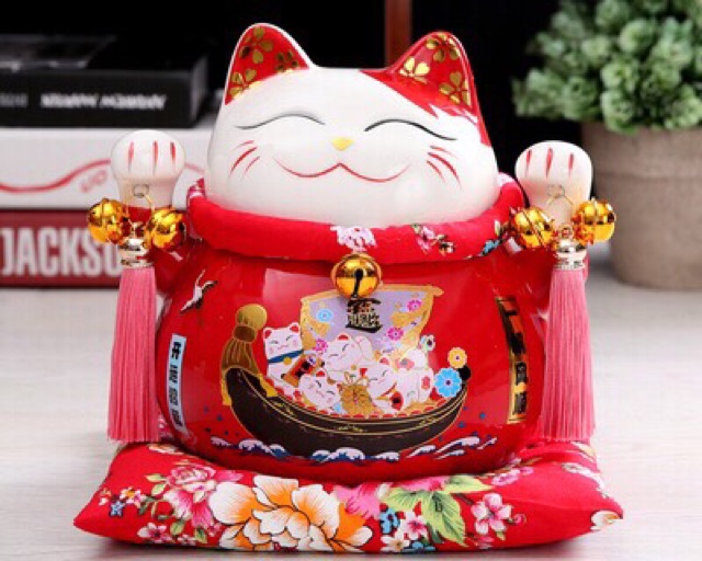 Mèo thần tài, mèo may mắn maneki neko phúc lộc viên mãn 20cm (kèm đệm)