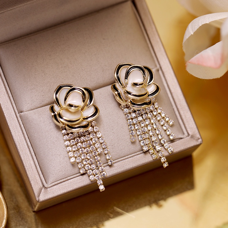 Bông Tai Mạ Bạc 925 Dáng Dài Hình Hoa Trà Thời Trang Phong Cách Hàn Quốc