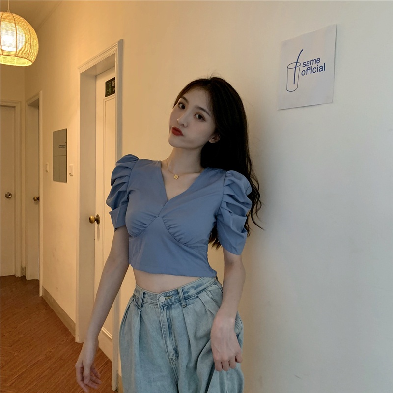 Áo Kiểu Tay Phồng Ngắn Cổ Chữ V Ôm Eo Thời Trang Mùa Hè Đơn Giản Dành Cho Nữ