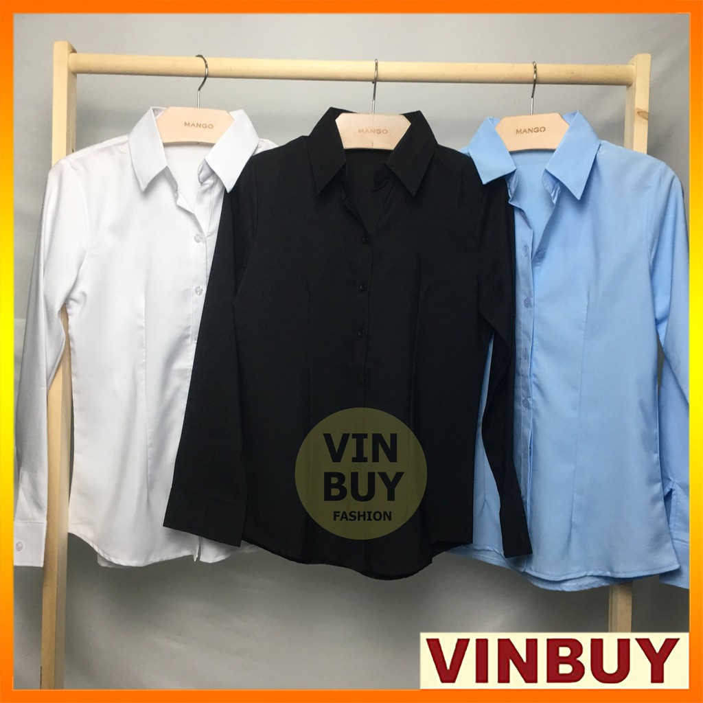 Áo sơ mi đen nữ trơn đẹp tay dài form công sở VINBUY áo ôm đẹp chất vải dày mềm mại may sắc nét không chỉ thừa