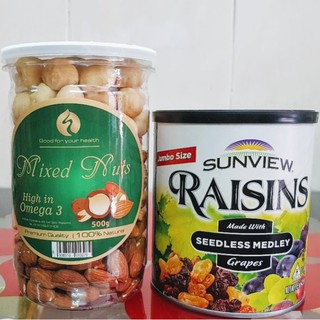 Combo hạt Mix Nuts 3 loại đã tách vỏ (500gr) và Nho Khô Raisins (425gr)