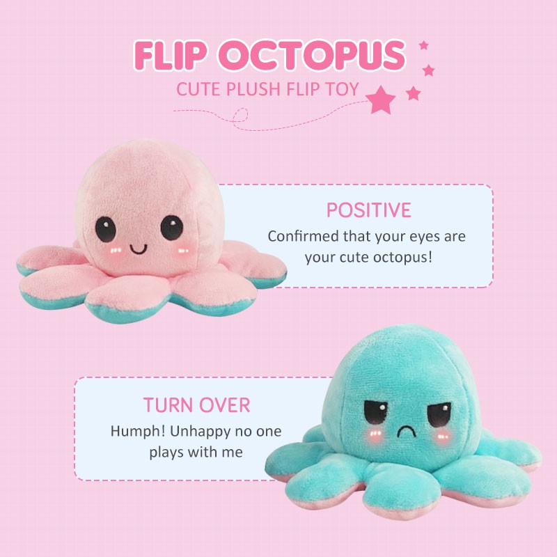 Tiktok Reversible Flip Stuffed Octopus Plush Toy Doll Soft Simulation Reversible Plush Toy Double-sided Mood switcher Baby fidget toy gift Valentine's Day MONKshop