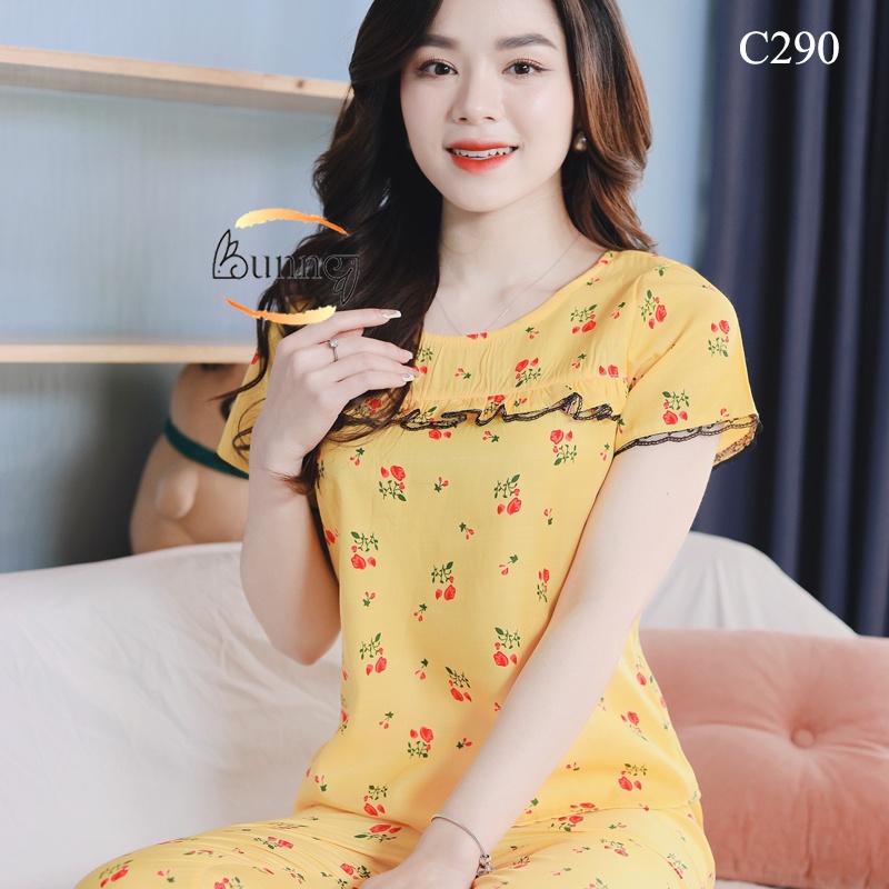 {BUNNY} ĐỒ BỘ NỮ, QUẦN ÁO NỮ MẶC NHÀ, SAU SINH THOẢI MÁI, KIỂU CỔ TRÒN HOẠ TIẾT NHẸ NHÀNG
