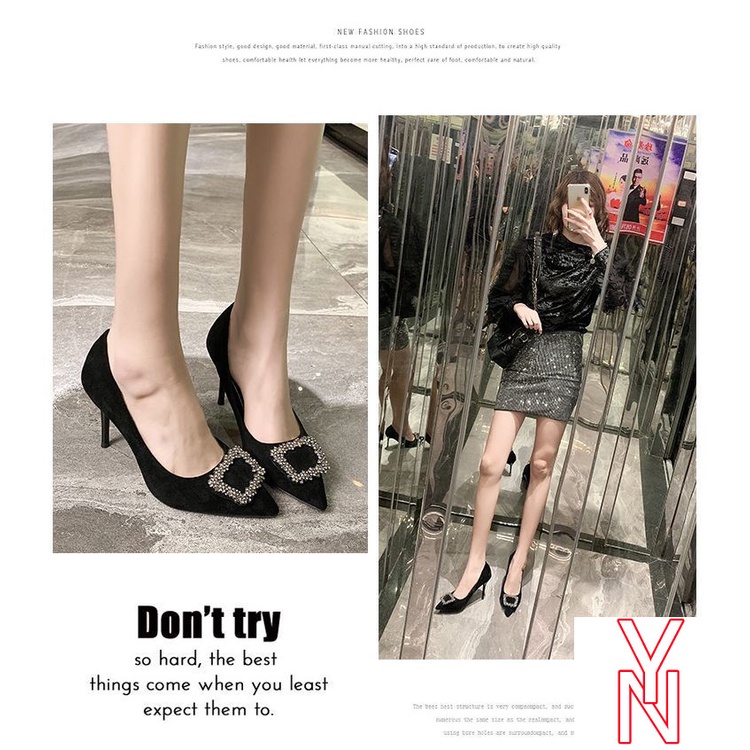 Giày Cao Gót Da Lộn Mũi Nhọn Màu Đen Đính Đá Phong Cách Pháp Thời Trang Xuân Thu Sành Điệu Cho Nữ 2021