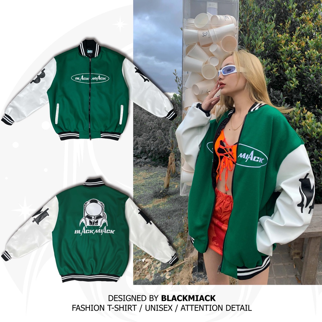 ♀□Áo Khoác Bomber Varsity Kaki, tay Da, Full Thêu màu Xanh Lá BLACKMIACK Jacket BM1