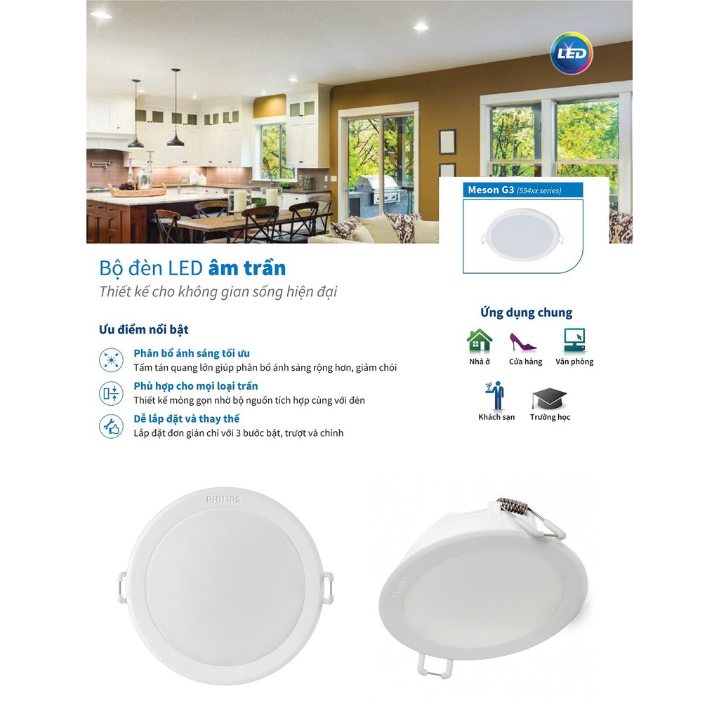 BÓNG ĐÈN LED 13W PHILIPS MESON GEN3 59464 ÂM TRẦN DOWNLIGHT KIỂU TRÒN -3 MÀU ÁNH SÁNG TRẮNG & TRUNG TÍNH & VÀNG LỰA CHỌN