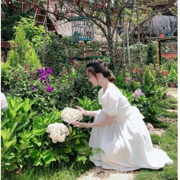 Váy trắng tiểu thư tùng Xoè tay phồng nơ lưng phong cách Vintage Witch