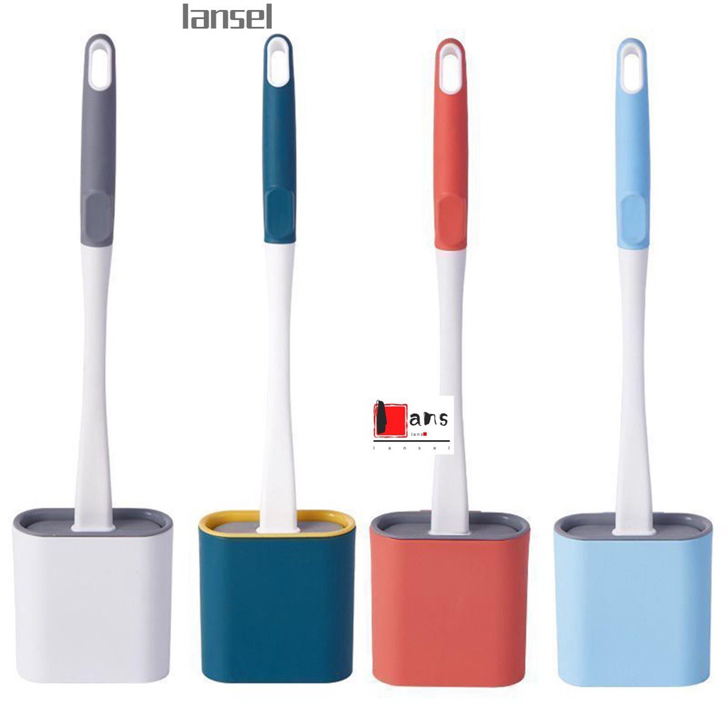 ❤LANSEL❤ Clean Any Corner Cleaning Toilet Brush Set Bathroom Soft Toilet Brush Long Handle Wall-Mounted With Lid with Toilet Brush Holder WC Silicone Flex/Multicolor