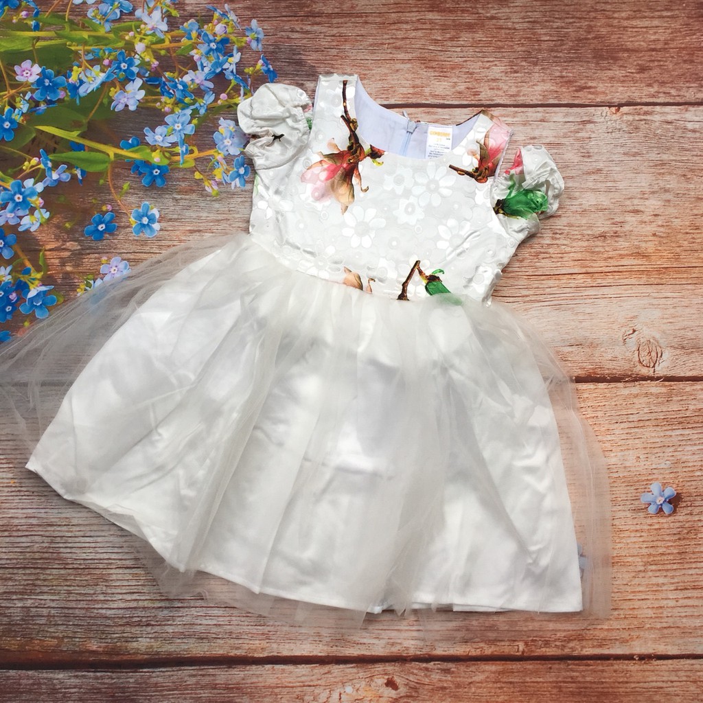 Đầm voan bé gái size 2 từ 10-14kg gấm hoa rớt vai tùng 3 lớp trắng