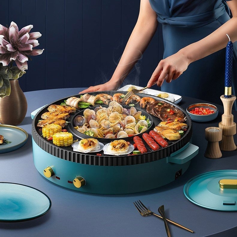 Bếp lẩu nướng 2 in 1 đa năng, tròn loại to tiện lợi cho cả gia đình,có 2 mâm nhiệt riêng biệt,