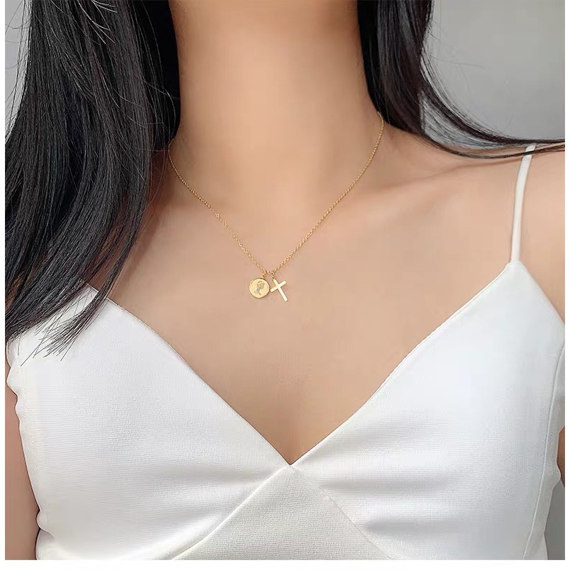 Dây chuyền xích ngắn phối mặt hình chữ thập bằng thép titan mạ vàng hồng nhập khẩu Đức phong cách Âu Mỹ tinh tế cổ điển