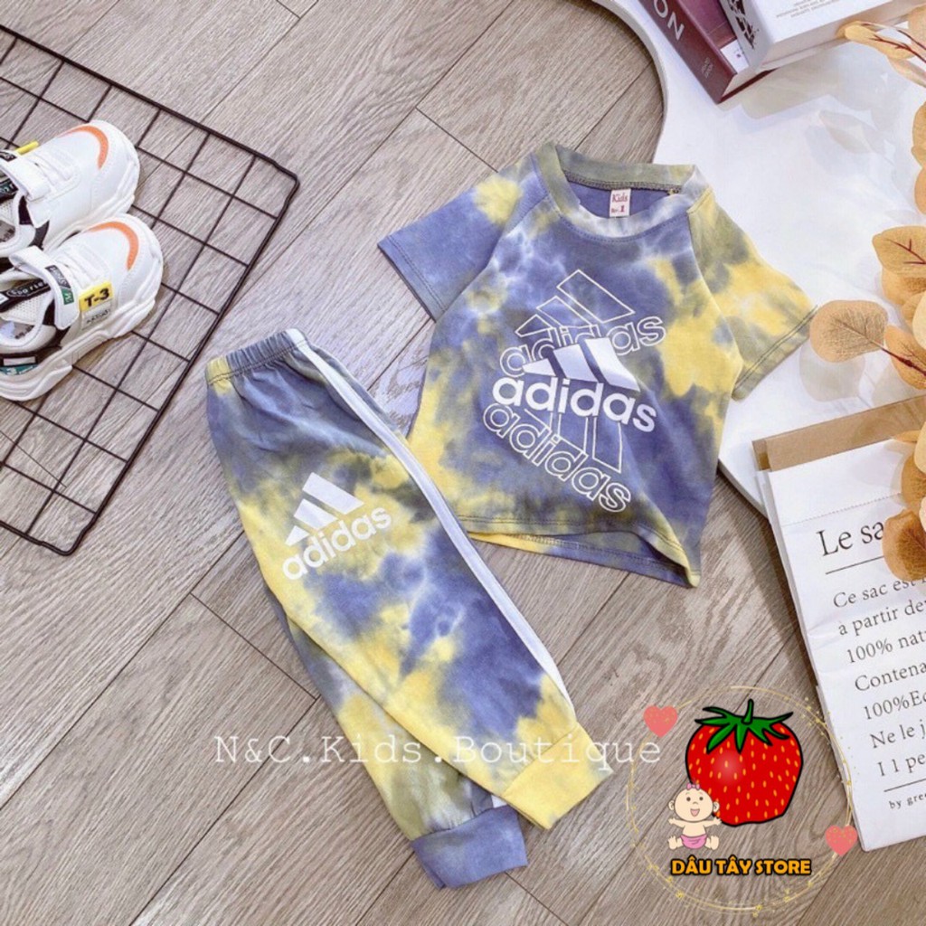 Bộ Adidass Siêu Đáng Yêu Bé Trai Bé Gái Vải Cotton Co Dãn Họa Tiết Kẻ Ngang Quần Dài Sọc Dễ Thương, Áo Cộc Tay Cho Bé