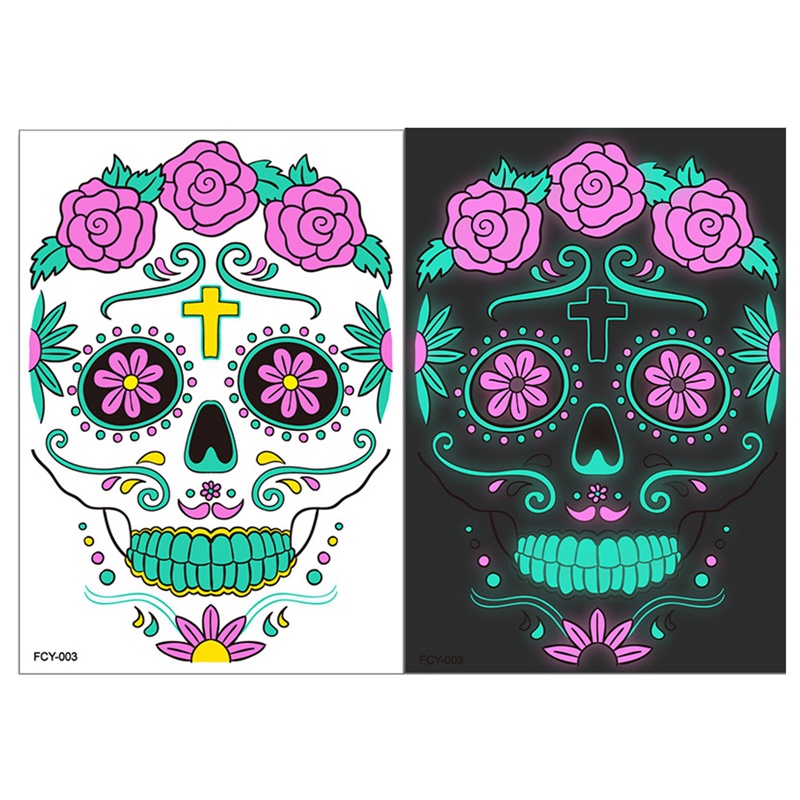 Ygt 1 Miếng Dán Hình Xăm Tạm Thời Họa Tiết Đầu Lâu Dạ Quang Chống Thấm Nước Trang Điểm Mặt Ngày Halloween