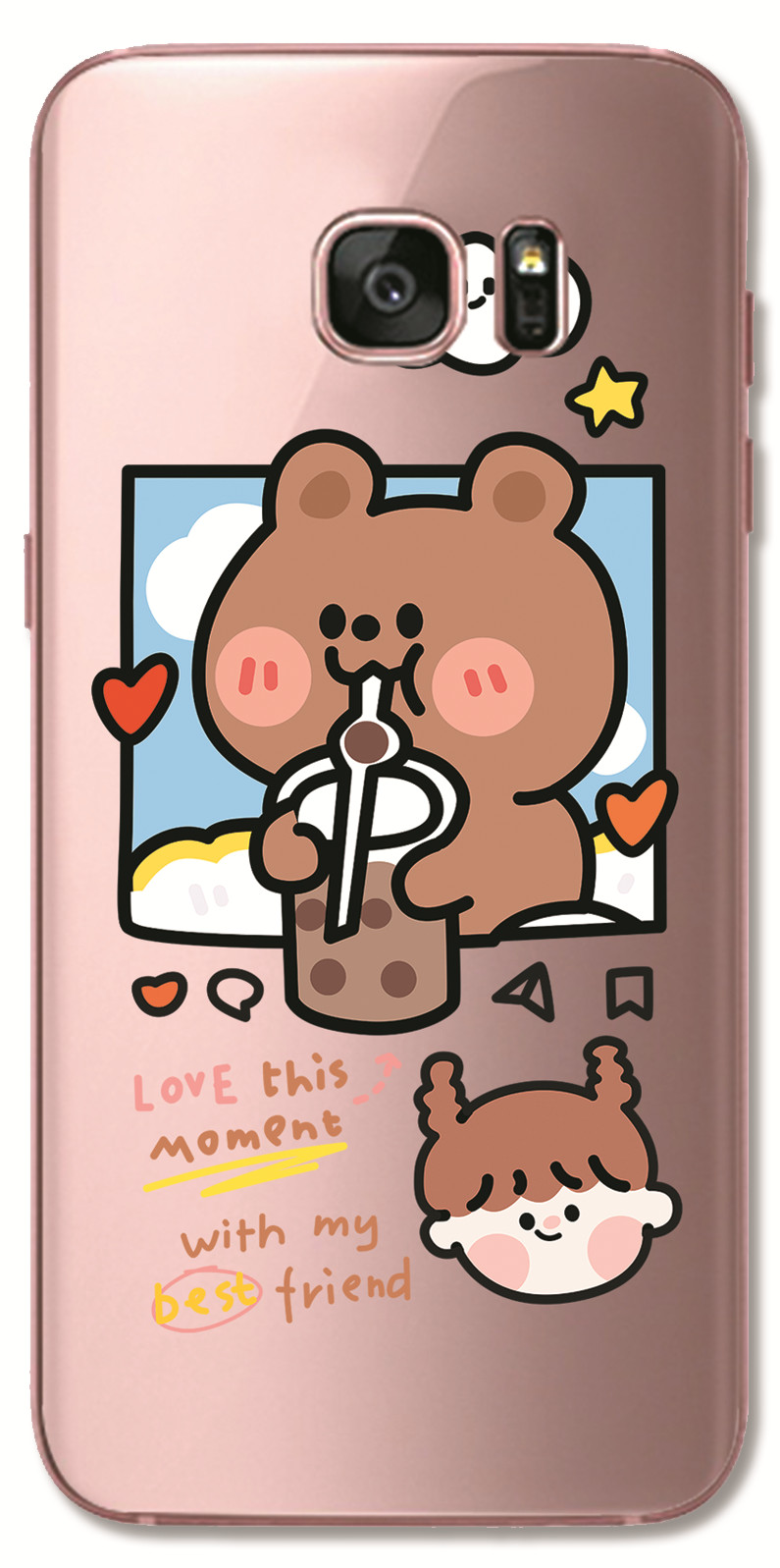 Samsung Galaxy S8 Plus / Note 4 5 3 2 N7100 N9000 INS Cute Cartoon Work hard Brown bear Clear Soft Silicone TPU Phone Casing Lovely label Graffiti Case Back Cover Couple