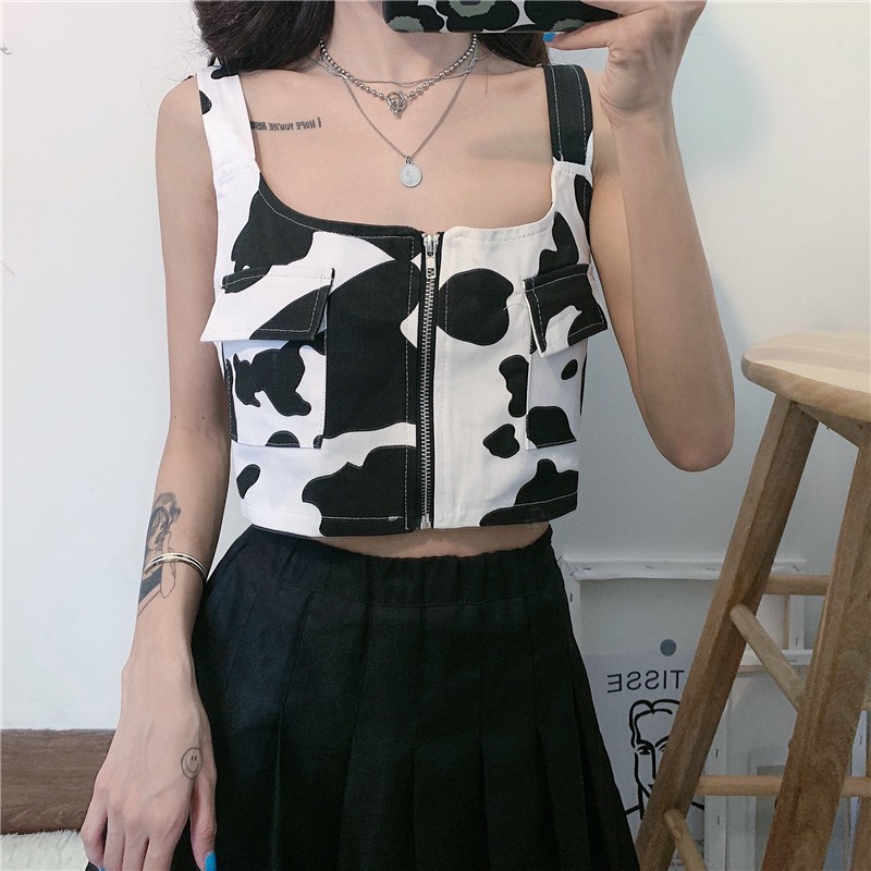 Áo 2 dây croptop sát nách trắng đen màu bò sữa có dây kéo giữa ulzzang