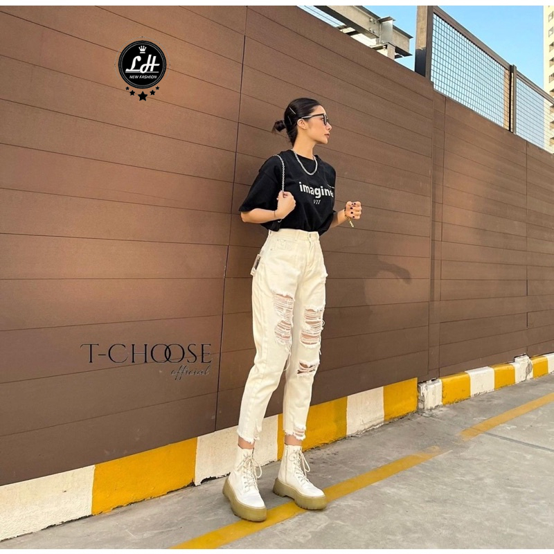 Quần baggy nữ, quần baggy bò trắng rách 2 bên tua rua siêu cá tính cho nàng Lê Huy Fashion MS 244