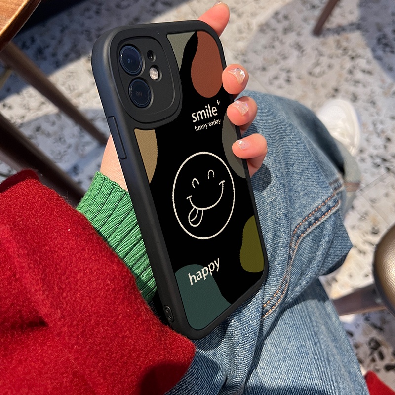 Ốp Điện Thoại TPU + Da Hình Mặt Cười Cho iPhone 14 11 12 13 Pro Max XS X XR XS Max 7 8 6 6s Plus SE 2020 2022