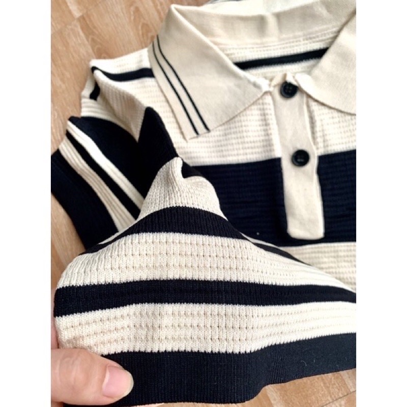 Áo croptop nữ len kẻ dệt kim dáng rộng tay ngắn polo cổ đức phong cách Hàn Quốc cá tính (TTA132)