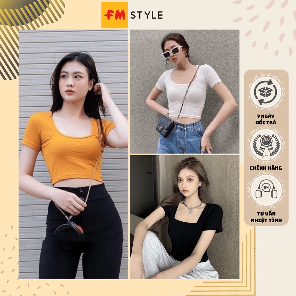Áo croptop tay ngắn cổ vuông fmstyle, áo thun nữ croptop phối viền chỉ ôm body | Fmstyle Shop 220326