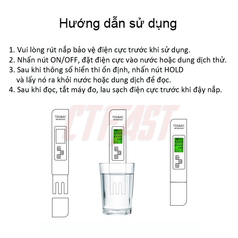 Bút thử nước sạch CTFAST, dụng cụ đo TDS&EC, đo độ cứng của nước, màn hình HD