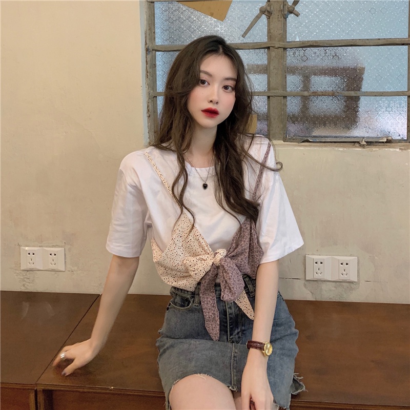 Áo Thun Tay Ngắn Dáng Rộng Phối Nơ Phong Cách Hàn Quốc