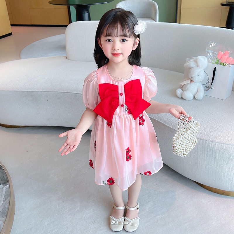 Đầm Tay Phồng Ngắn Thêu Họa Tiết Thắt Nơ Thời Trang Mùa Hè Hàn Quốc Mới Cho Bé Gái 2022