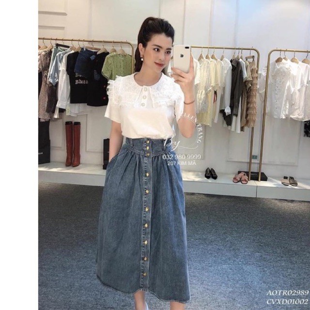 Chân váy bò jean xoè midi phối khuy giữa cạp cao siêu đẹp l1 om pl yy