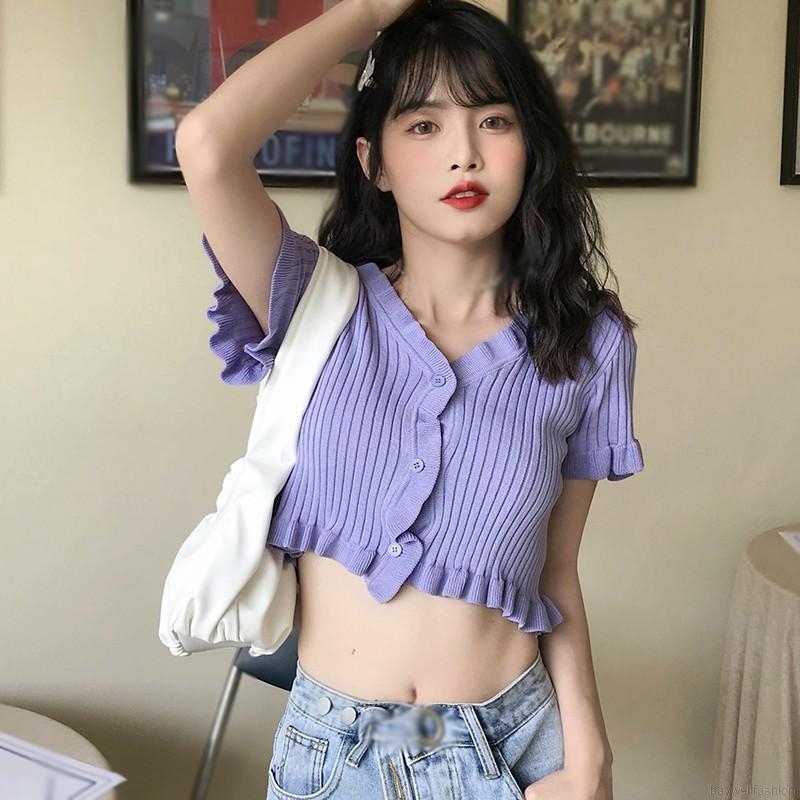 [Baywellfashion]Áo dệt kim nữ xẻ cổ chữ V tay ngắn phong cách thời trang quyến rũ