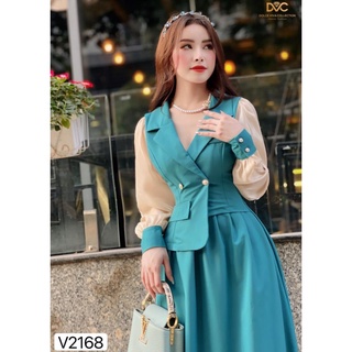Váy xanh liền cổ vest vạt lệch phối tay organza V2168