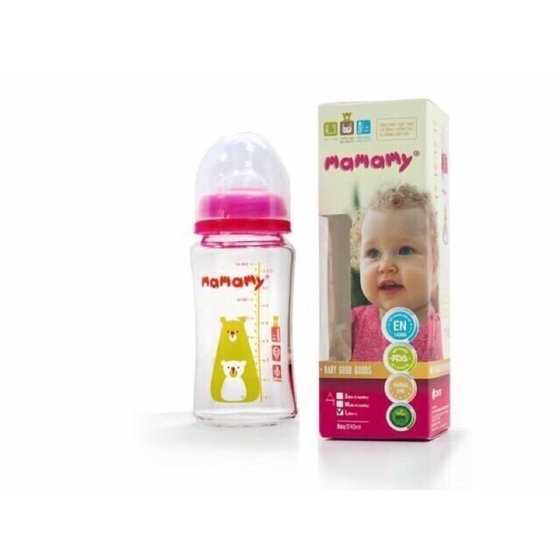 BÌNH SỮA THUỶ TINH CỔ RỘNG CHỒNG SẶC VÀ ĐẦY HƠI MAMAMY 240ml