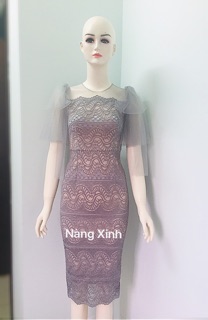 Đầm ren bút chì, đính nơ vai