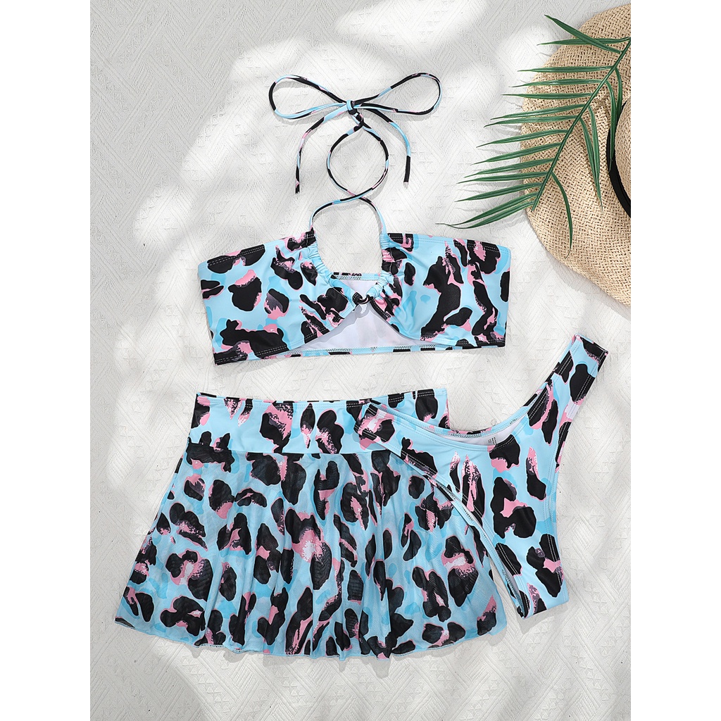 [BKN1446] &lt;ÂU&gt; SET BIKINI 3 MÓN XANH ĐỐM BLUE KÈM CHÂN VÁY XOÈ