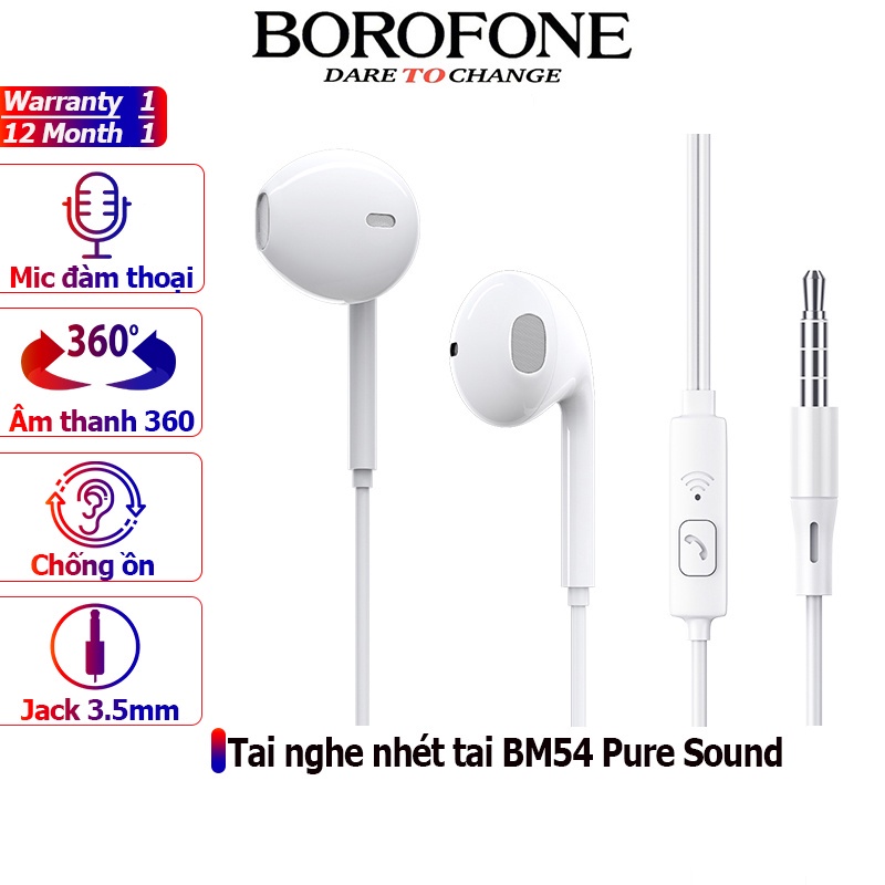 ⚡Mới⚡ Tai nghe nhét tai BOROFONE BM54 chống ồn, nghe hay có mic đàm thoại dây Jack cắm 3.5mm IPhone android - Chính hãng