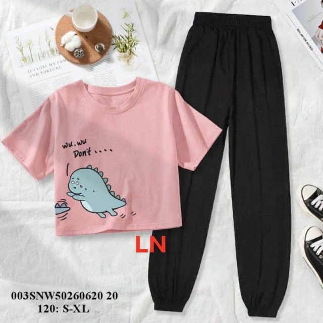 Set áo thun croptop khủng Long + quần bom chun ống