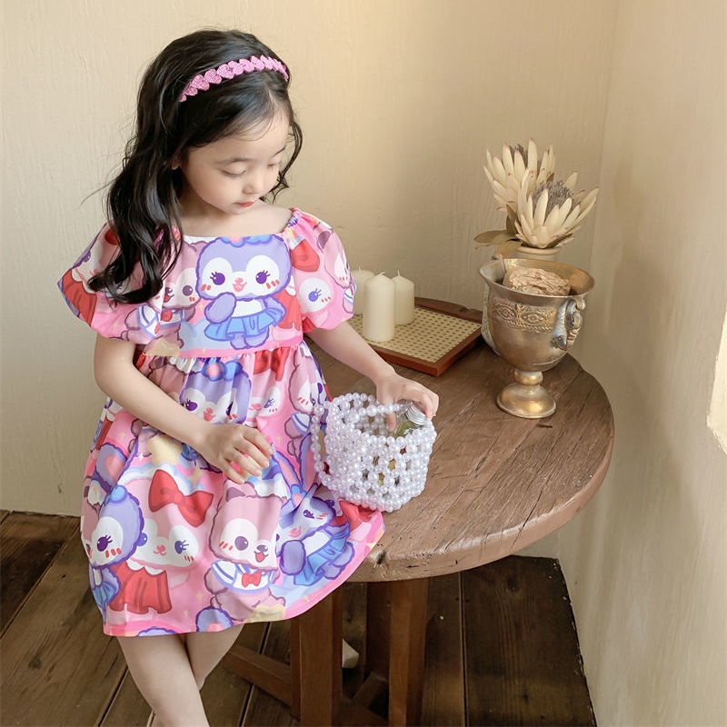 Đầm Ngắn Tay Họa Tiết Thỏ Hoạt Hình Thời Trang Mùa Hè Hàn Quốc 2023 Dành Cho Bé Gái