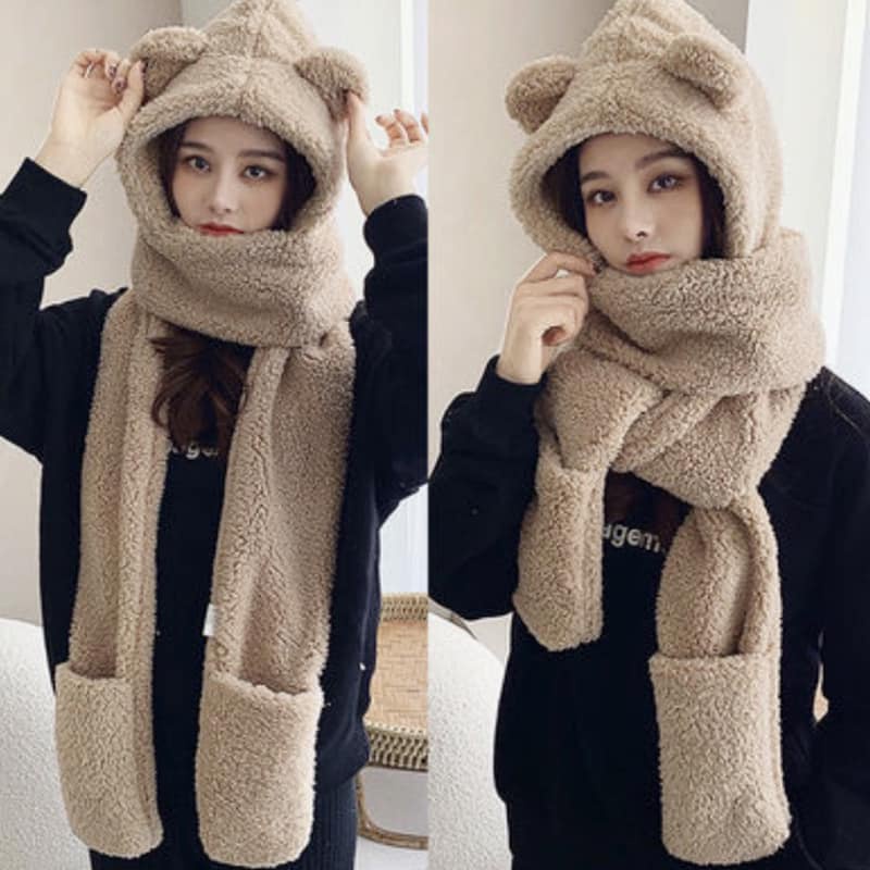 Set Mũ Tai Gấu Kèm Khăn Quàng Và Khăn Quàng Cổ 3 In 1 Ulzzang Hàn Quốc
