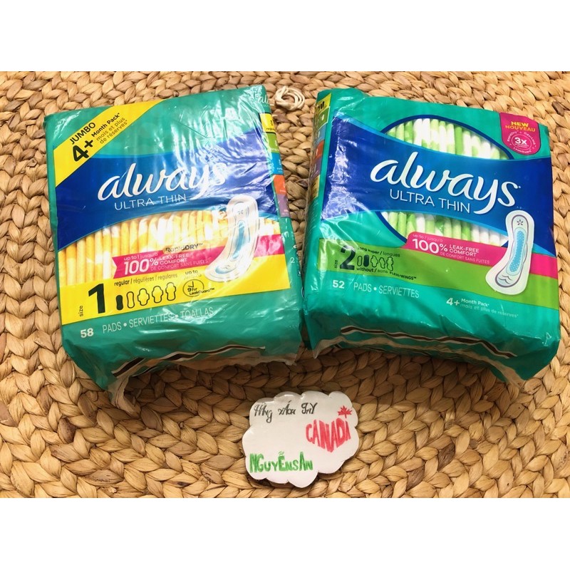 BĂNG VỆ SINH ALWAYS ULTRA THIN CANADA CÓ CÁNH- KHÔNG CÁNH