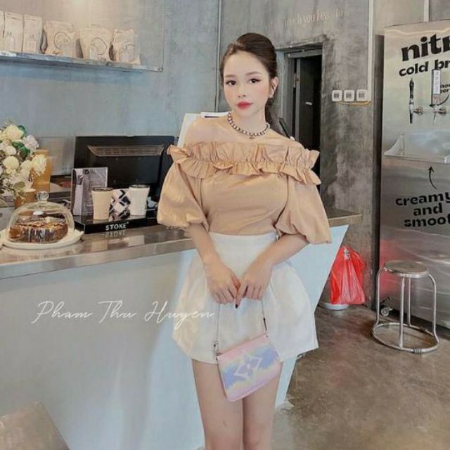 Áo bẹt vai bèo tay phồng vải kate xinh ngất ngây