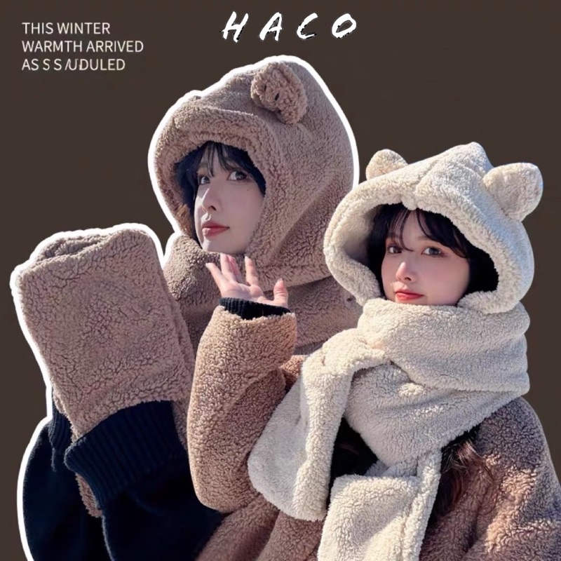 Mũ lông Cừu 3in1 tai gấu Mũ kèm khăn quàng cổ và sỏ tay kiểu dáng hàng quốc