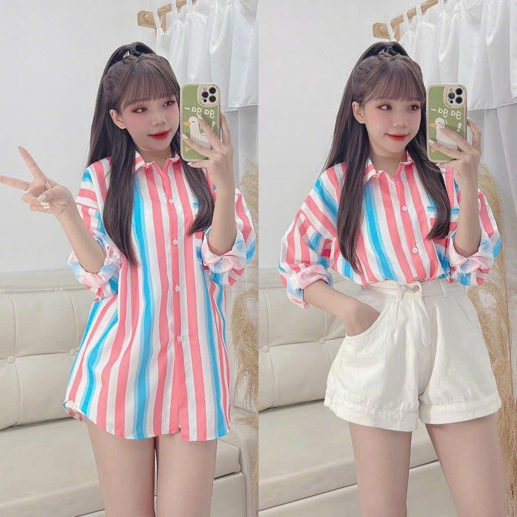 Áo Sơ Mi Sọc Phối Màu Tay Dài Có Túi