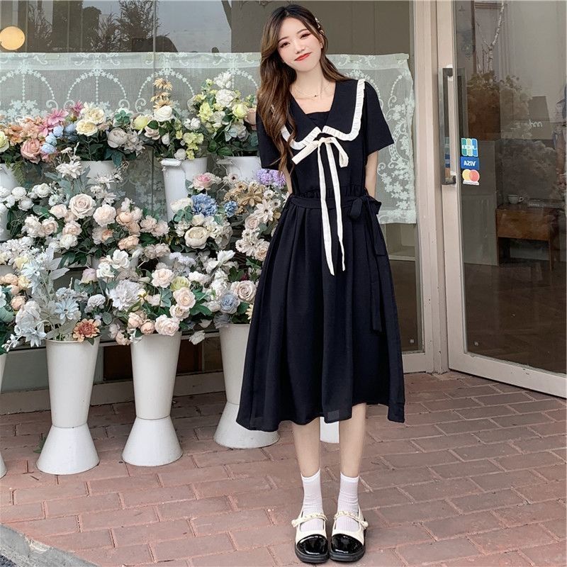 Đầm Cổ Búp Bê Cột Dây Thời Trang Mùa Hè Phong Cách Pháp Thanh Lịch