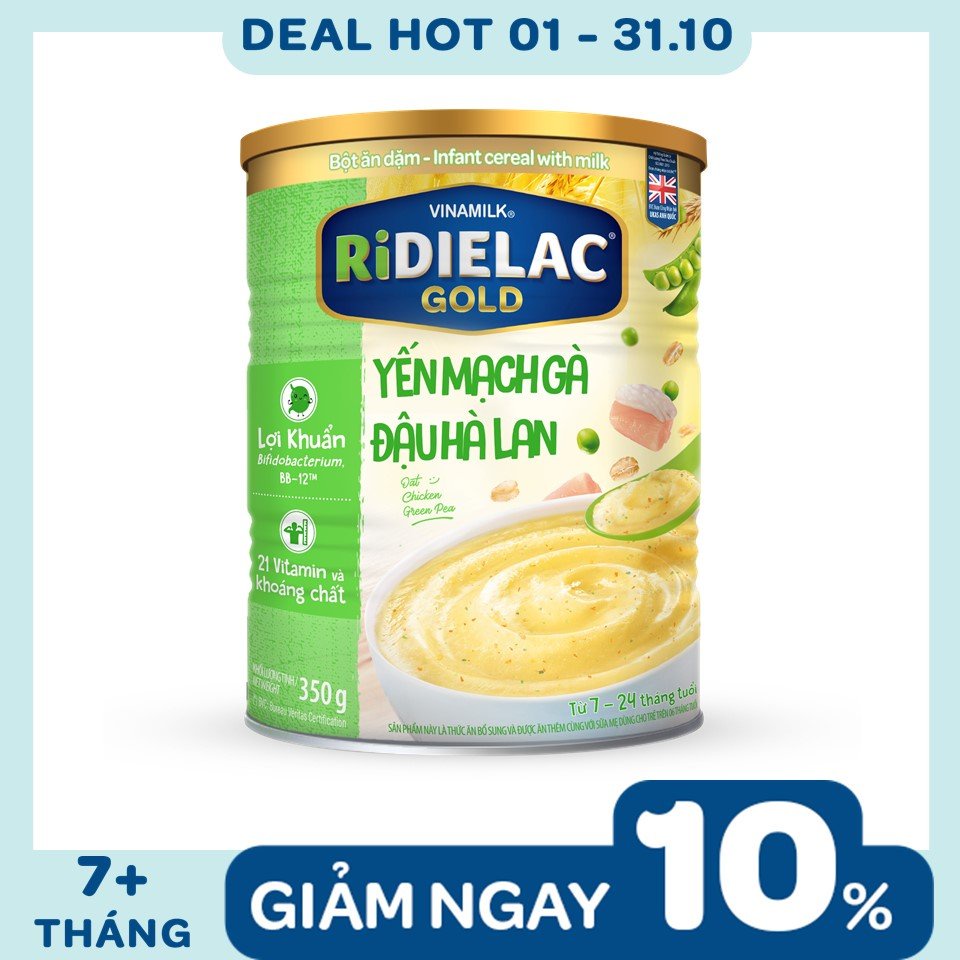 Bột Ăn Dặm RiDielac Gold Yến Mạch Gà Đậu Hà Lan - Hộp Thiếc 350g