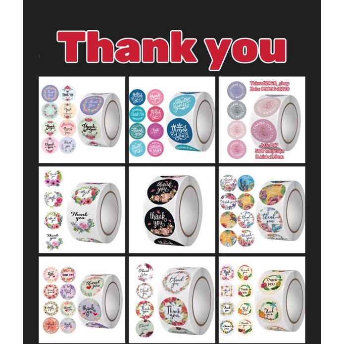 TEM01_STICKER-Tem chữ " Thank you"  SIZE  2.5CM, 500TEM/CUỘN- NHIỀU MẪU ĐẸP